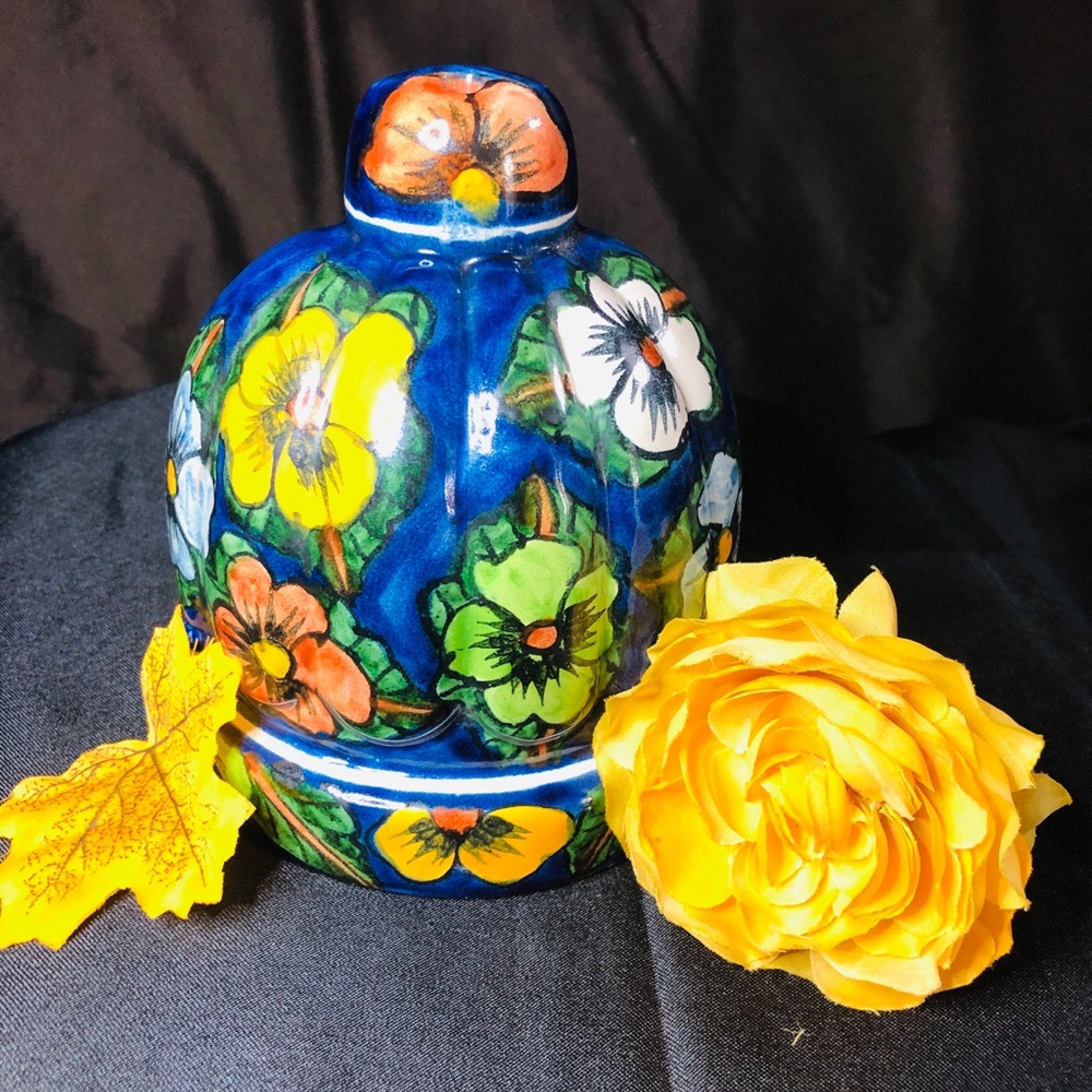 Floral Ceramic Bell Jar - Blue, Yellow, Green